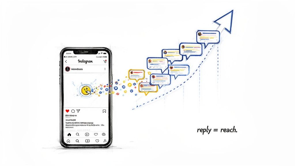 An Instagram feed shows a post, with replies turning into an upward-trending graph symbolizing reach.