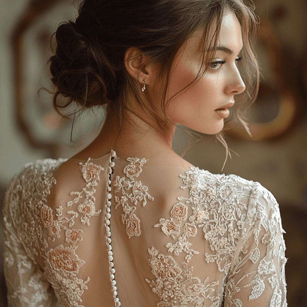 Romantische Spitze, die für den klassischen und vielseitigen Look eines Hochzeitskleides sorgt, mit feinen, detaillierten Mustern.