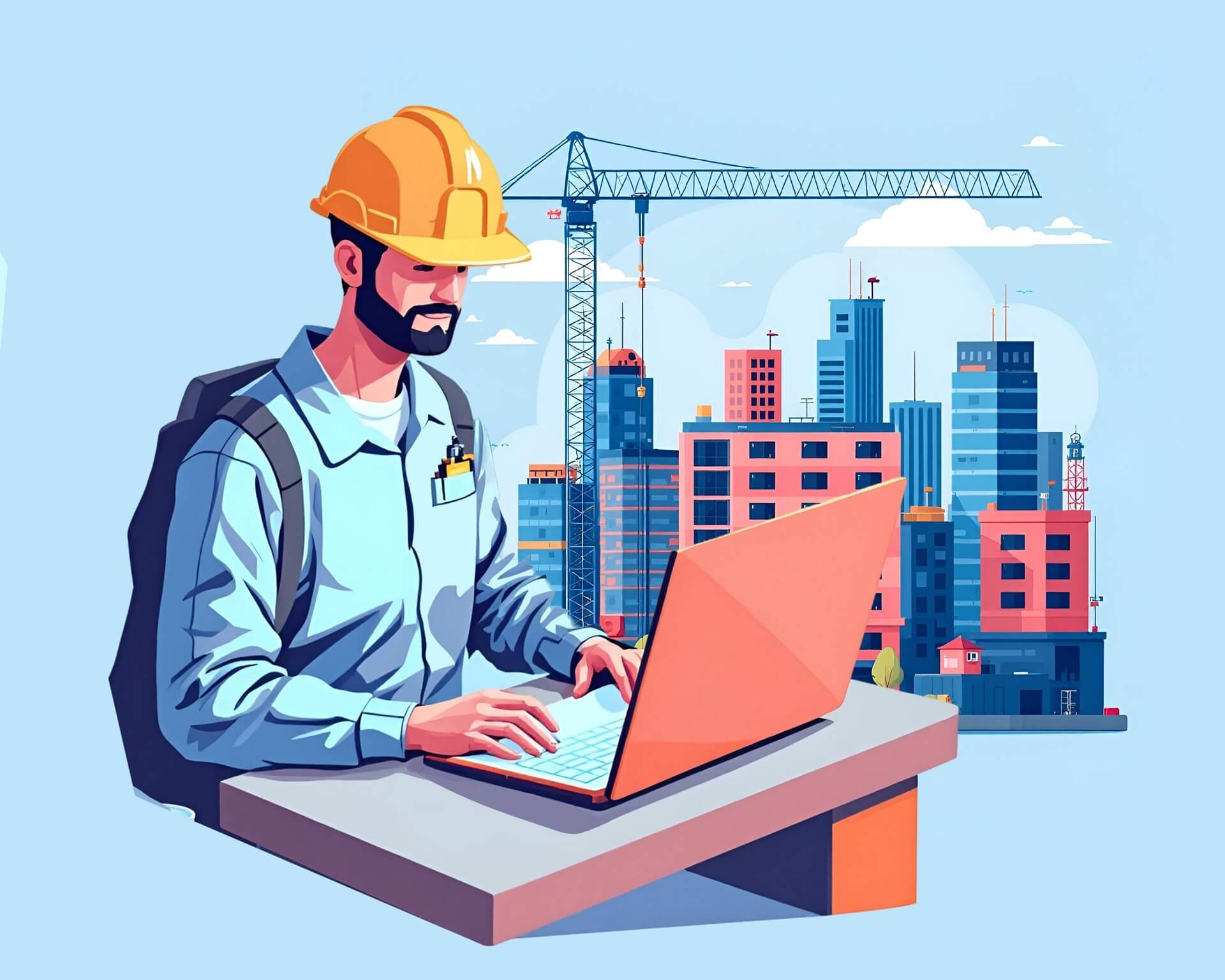 Construction engineer on his laptop with a city landscape in the background