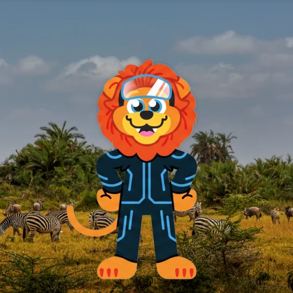 Un lion de dessin animé souriant, portant des lunettes de plongée et une combinaison futuriste, se tient dans un décor de.