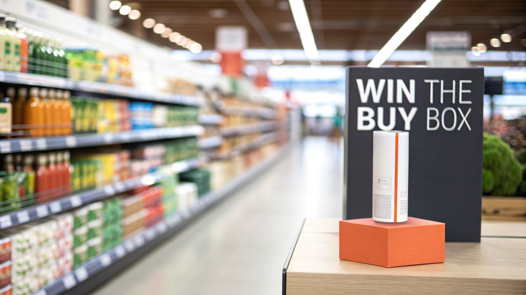A product display featuring a white cylindrical package on an orange box and a 'WIN THE BUY BOX' sign in a blurred store aisle.