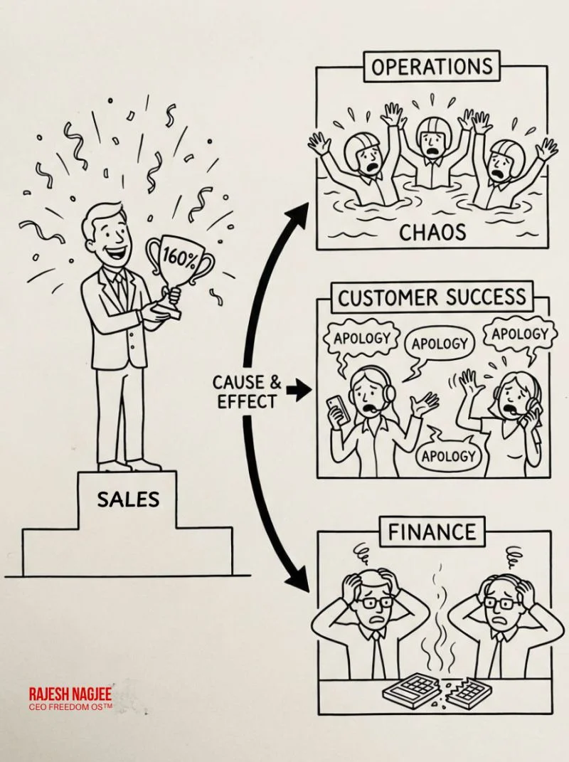 Sales hits 160% target while operations drowns in chaos, customer success apologises to clients, and finance panics — illustrating how uncoordinated growth creates system-wide breakdown. — Rajesh Nagjee, CEO Freedom OS™