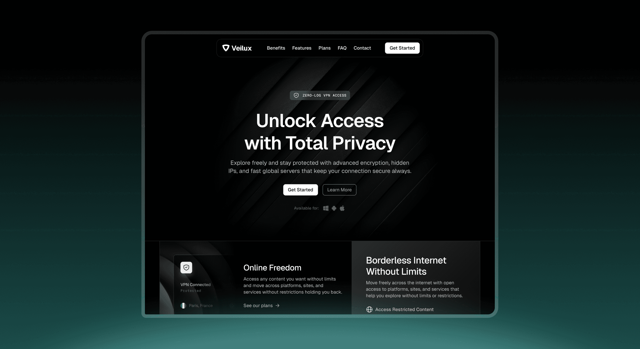 Veilux free Framer template for SaaS privacy and security products showing a dark themed website with VPN hero section and trust-focused messaging