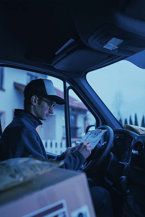 A young man seated in the driver’s seat of a van, writing on a clipboard resting on the steering wheel. The scene suggests a delivery or logistics role.