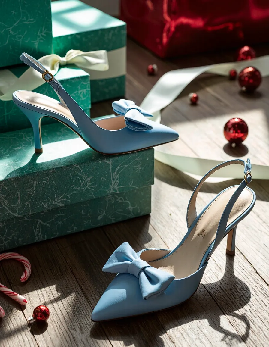 Blue slingback heels with bows displayed on green gift boxes with Christmas ornaments and candy canes