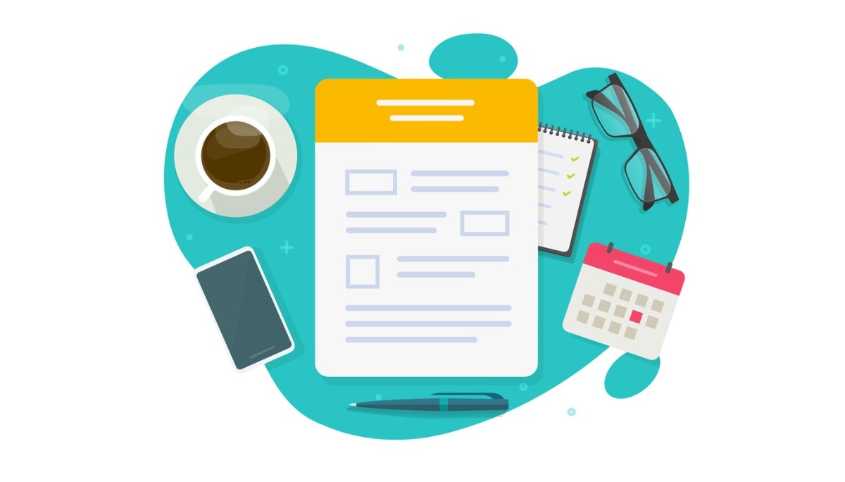 Illustration of a modern workspace with a cover letter, job vacancy clipboard, calendar, and checklist.