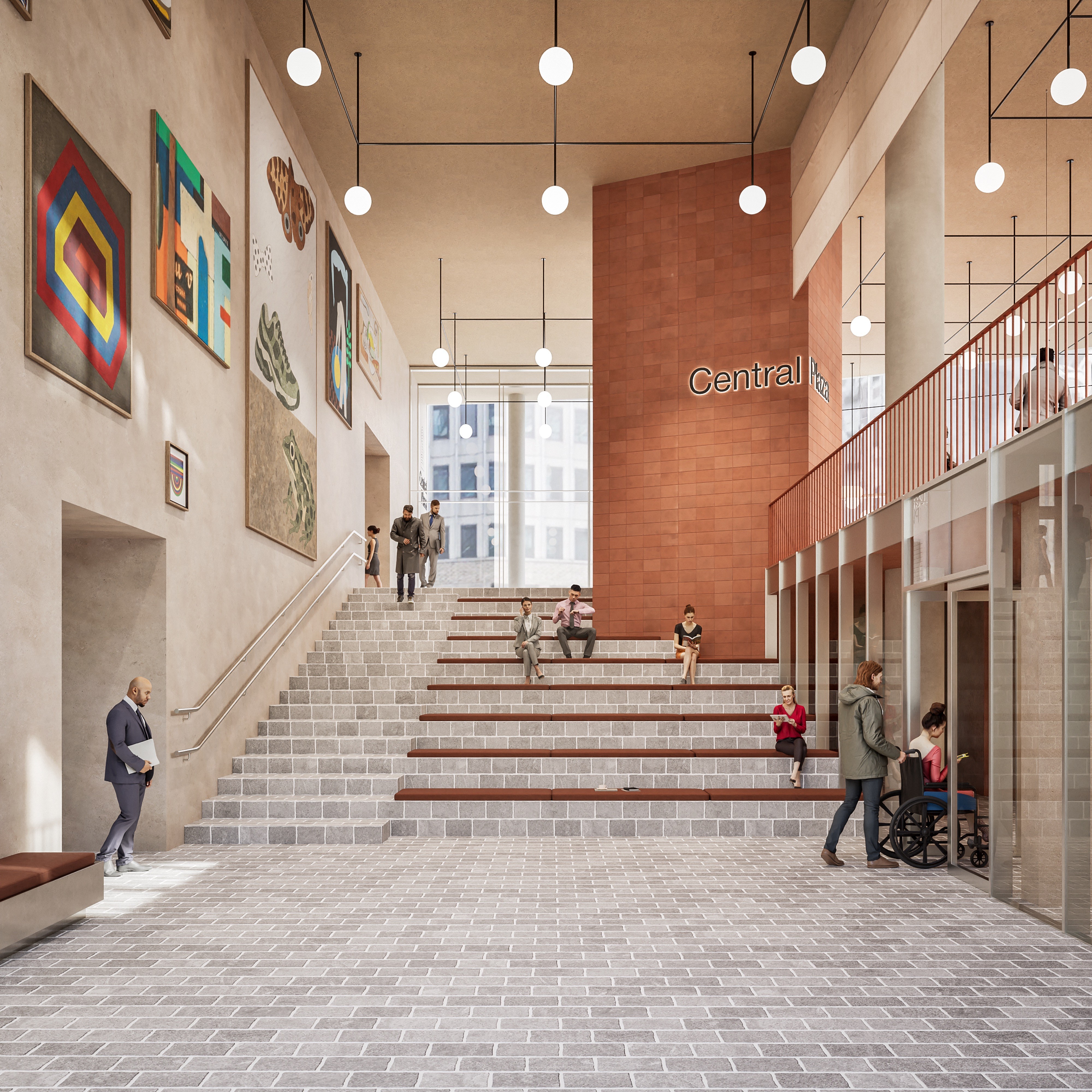 Child walking on a wooden beam with a large tree and swing nearby in a courtyard of modern wooden houses, while another person adjusts a bicycle.