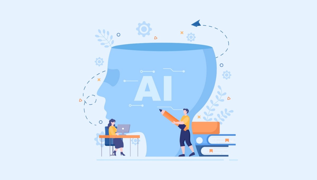 Illustration of a person pointing at a computer screen filled with code, alongside a stylized human head with a circuit-patterned brain.
