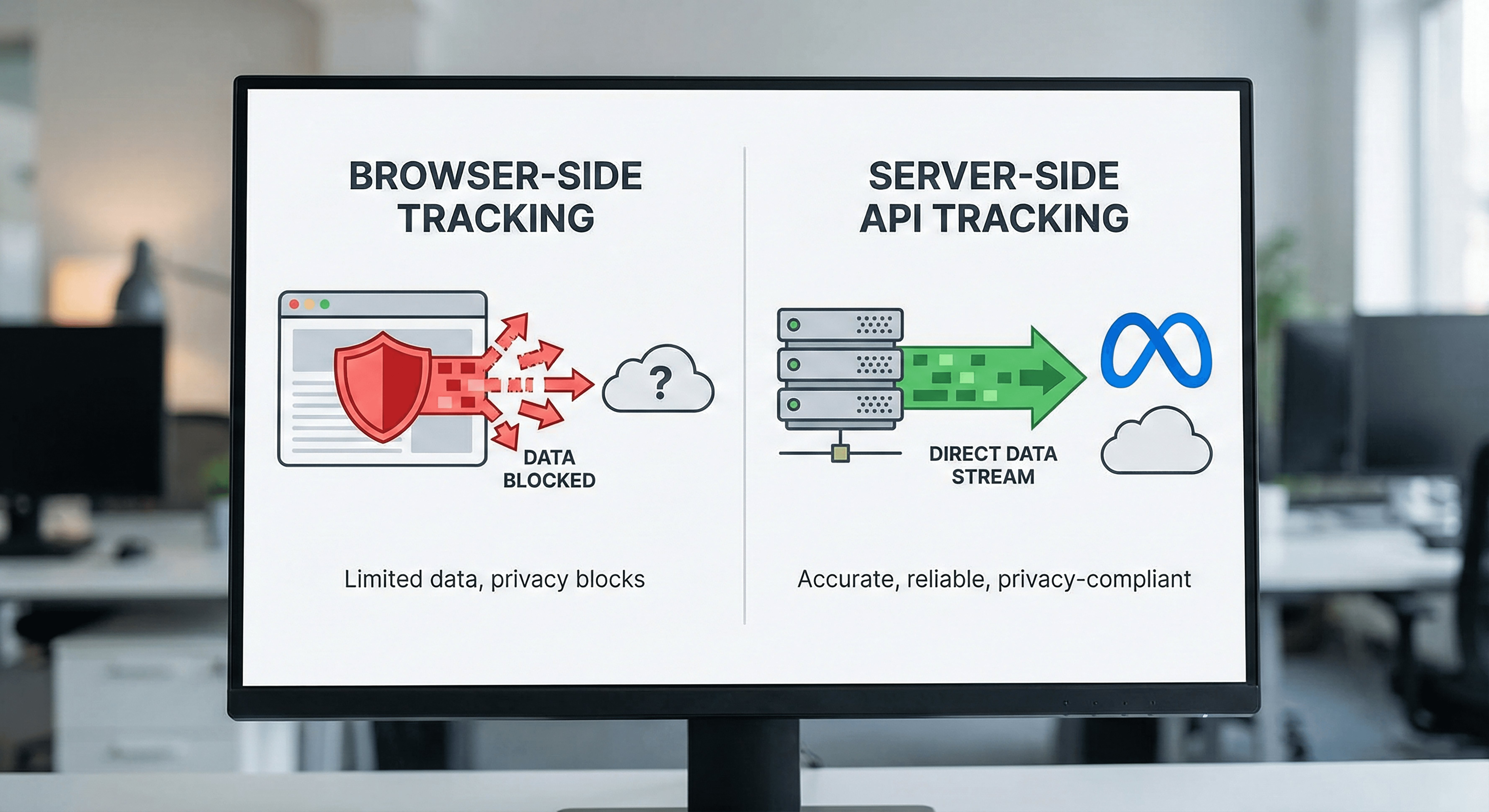 Diagram comparing browser tracking vs server-side tracking for effective facebook ads dentist campaigns.png