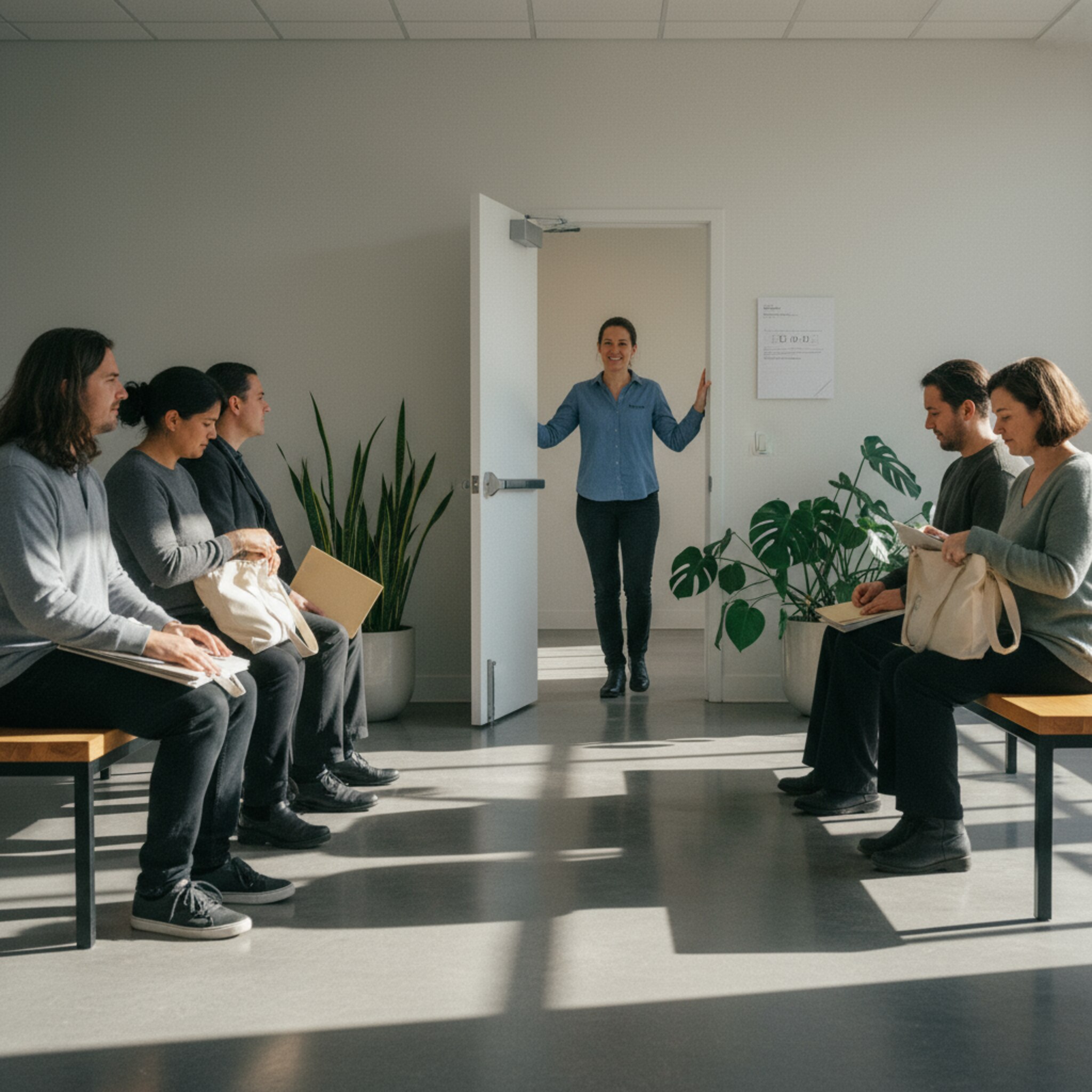 Im Wartebereich steht eine Mitarbeiterin an der Tür und ruft freundlich den nächsten Gast auf. Menschen erheben sich geordnet, während einige ihre Mappen schließen. Sonnenlicht zeichnet klare Linien auf den Boden, die Situation wirkt strukturiert und zugewandt. Keine sichtbaren Bildschirme, nur ein ruhiger, geordneter Ablauf.