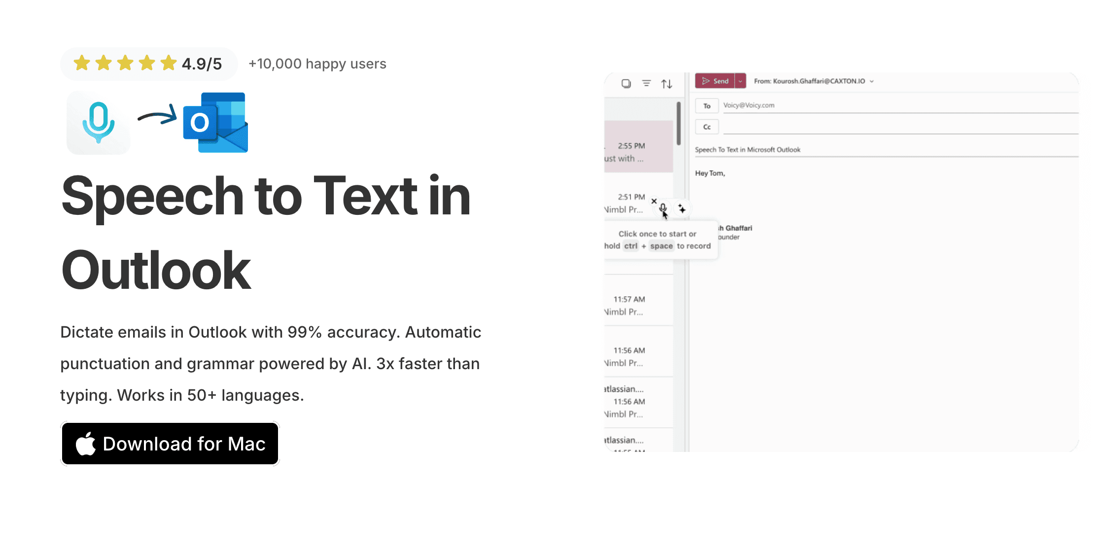 Screenshot of Voicy Speech to Text in outlook