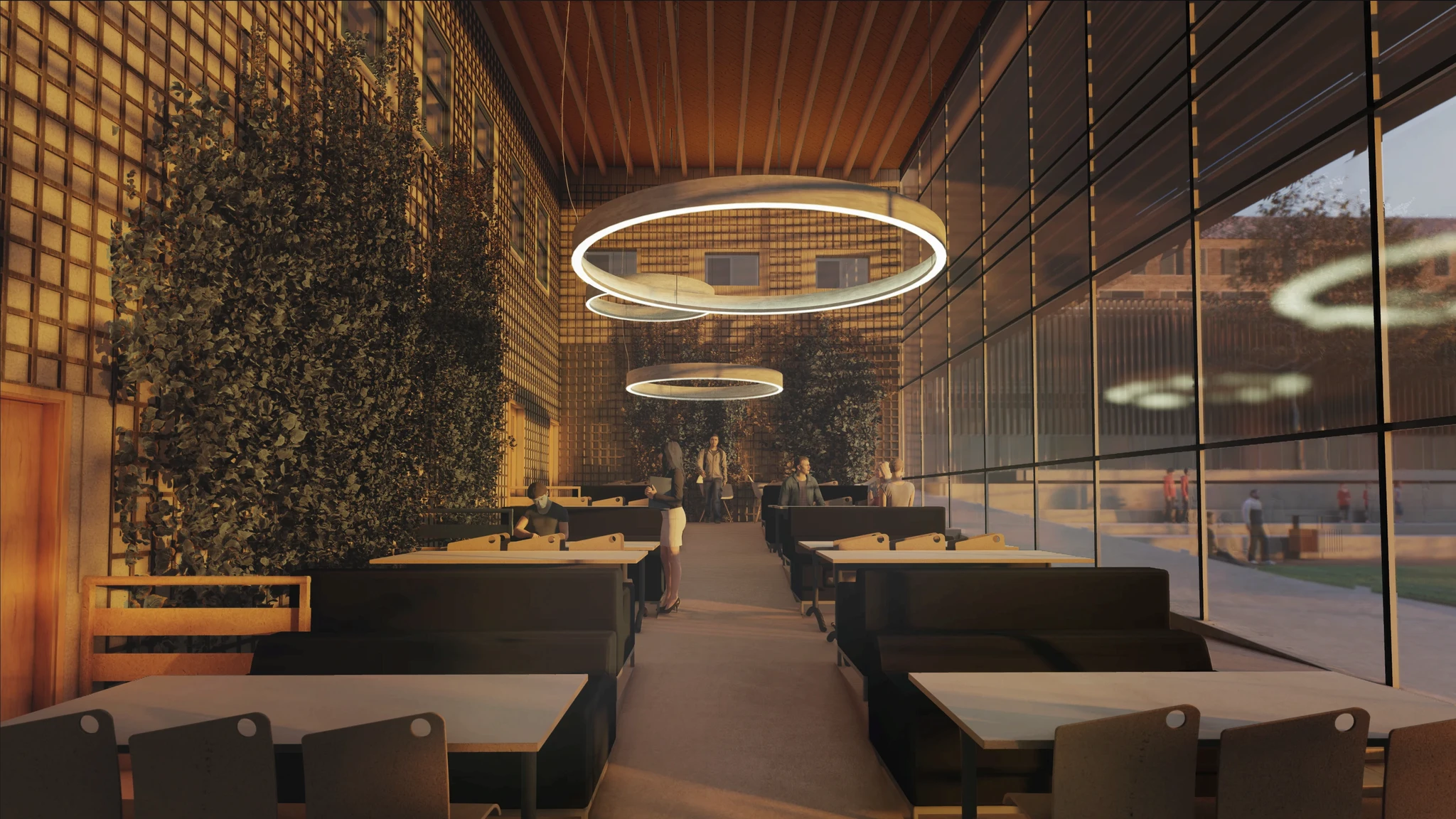 A restaurant with outdoor seating arrangements, featuring tables and chairs placed in front of a wall.