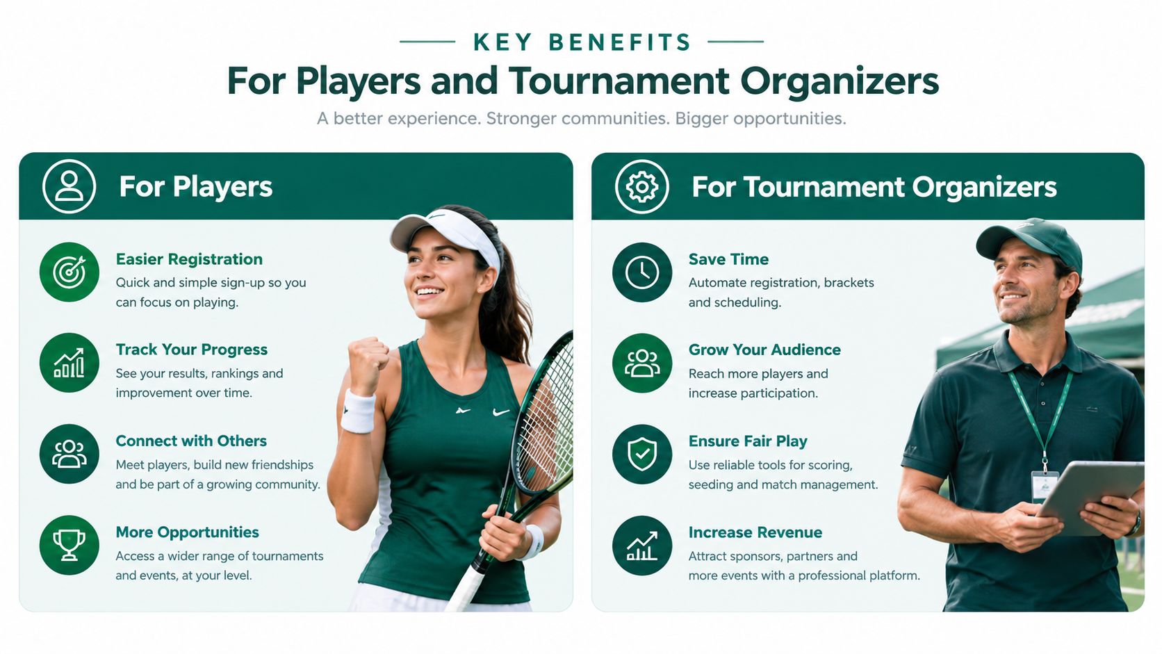 A dual-column infographic highlighting benefits for tennis tournament players and organizers on a light background.
