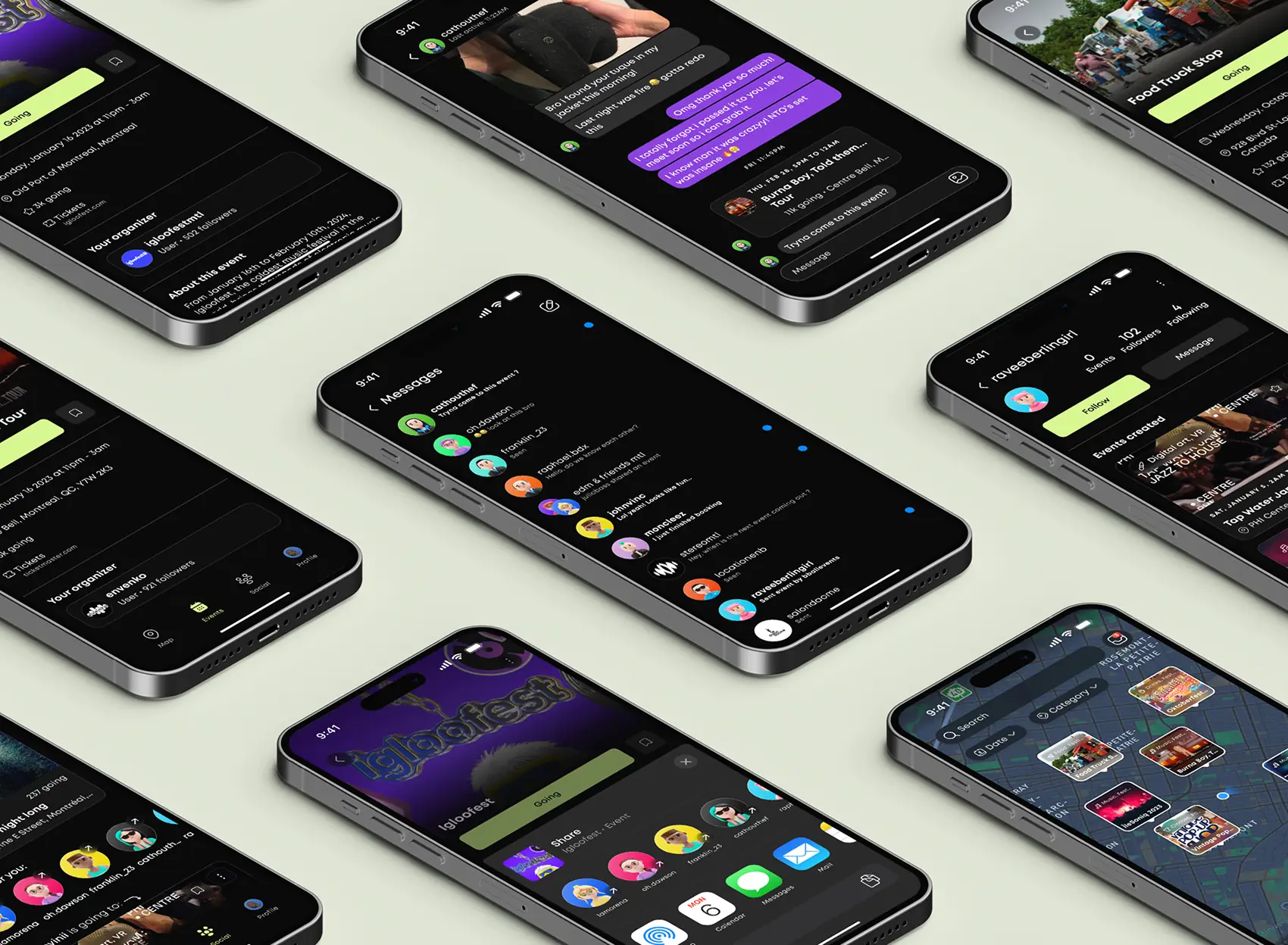 Series of angled phones showing Roamr product screens arranged on a bright surface.