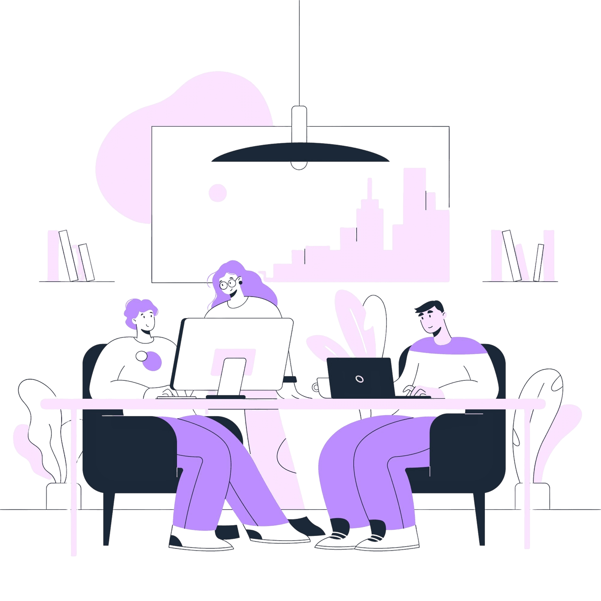 Illustration of a team collaborating at a desk using laptops in a modern workspace