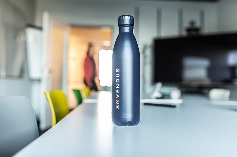 View of a Sovendus-branded thermos bottle