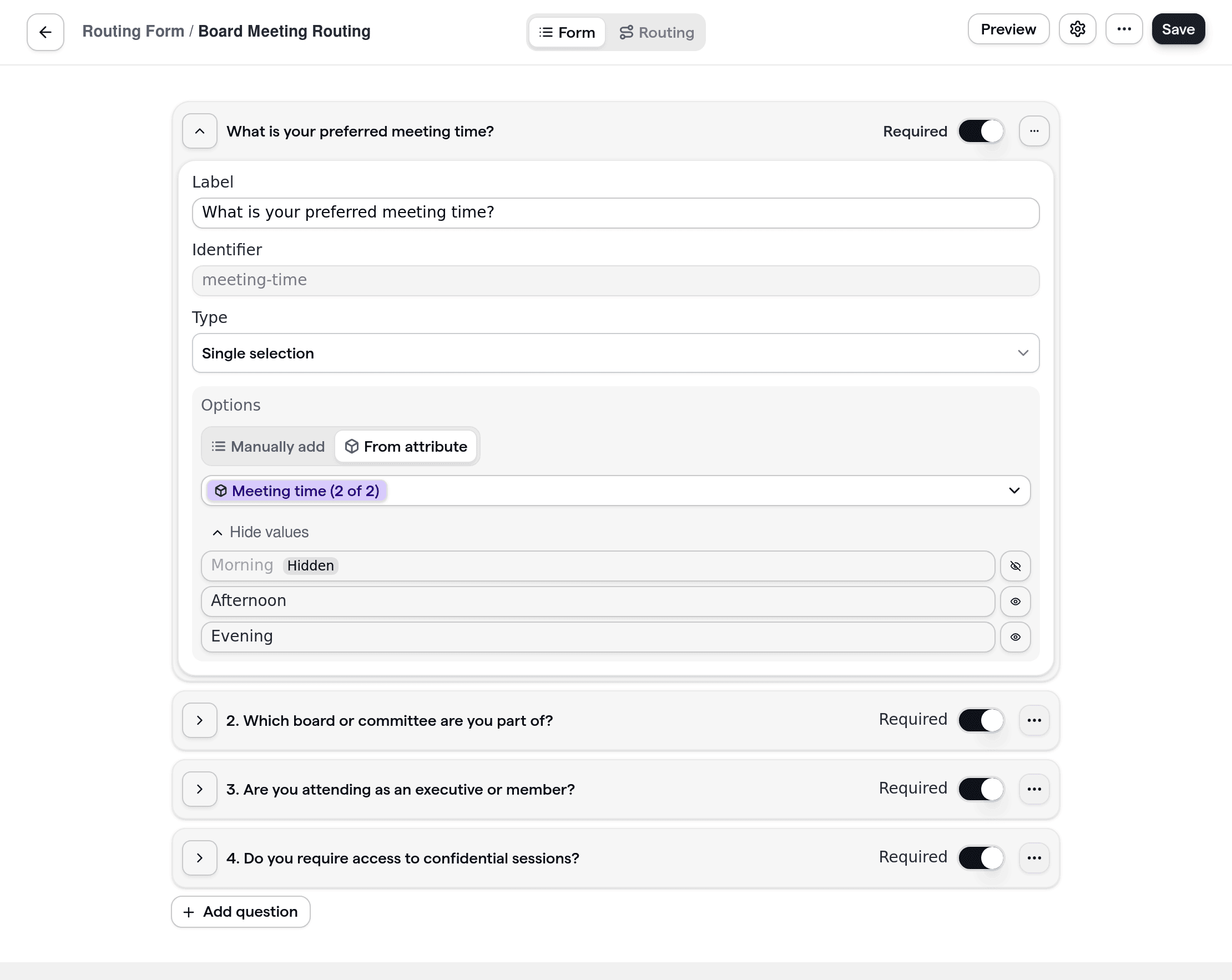 Board meeting routing form showing custom questions for board roles and confidentiality.
