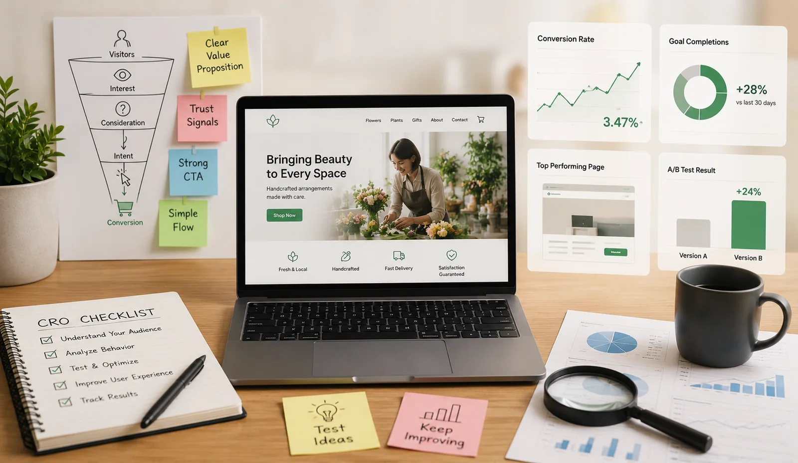 An open laptop with notes on conversion rate optimization CRO