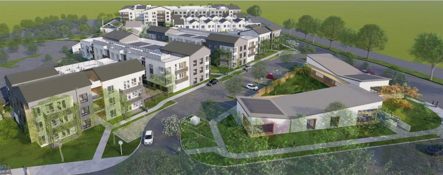 Aerial architectural rendering of a modern residential neighborhood featuring eco-friendly building designs and communal green spaces, built with M-Fire safety standards
