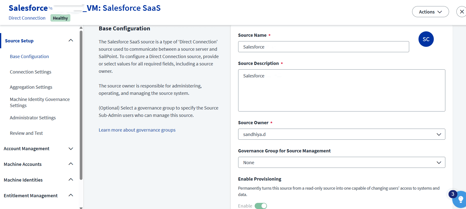 SailPoint ISC Base Configuration screen for setting up a Salesforce SaaS source with name, description, and source owner fields.