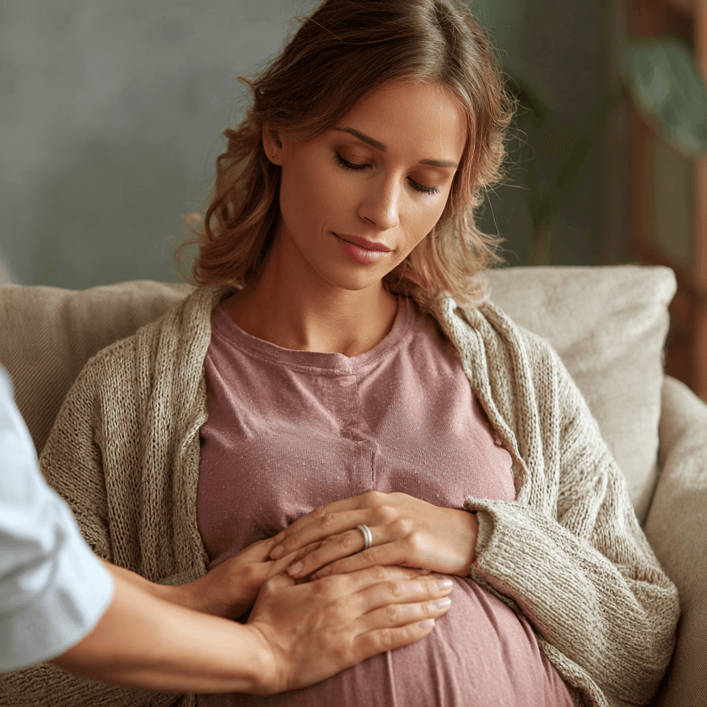 Eine Pflegerin mit einer schwangeren Frau
