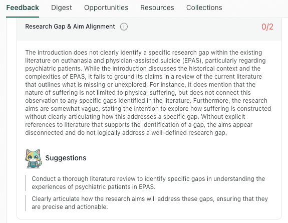 thesify feedback indicating a 0/2 score for Research Gap and Aim Alignment, noting that the introduction fails to ground its claims in a review of current literature.