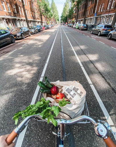 bicycle basket with fruit and vegetables