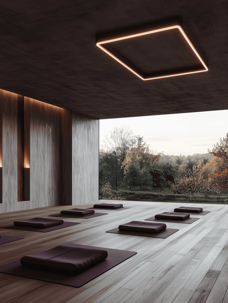 Minimalist yoga studio with wooden floors and brown mats overlooks a serene landscape of trees. Soft lighting creates a tranquil, inviting ambiance.