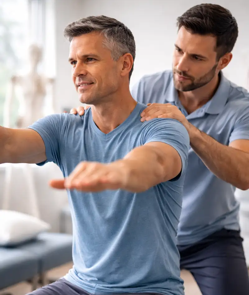 Chiropractor guiding a male patient through a mobility rehabilitation exercise during treatment in Kaysville, Utah clinic.