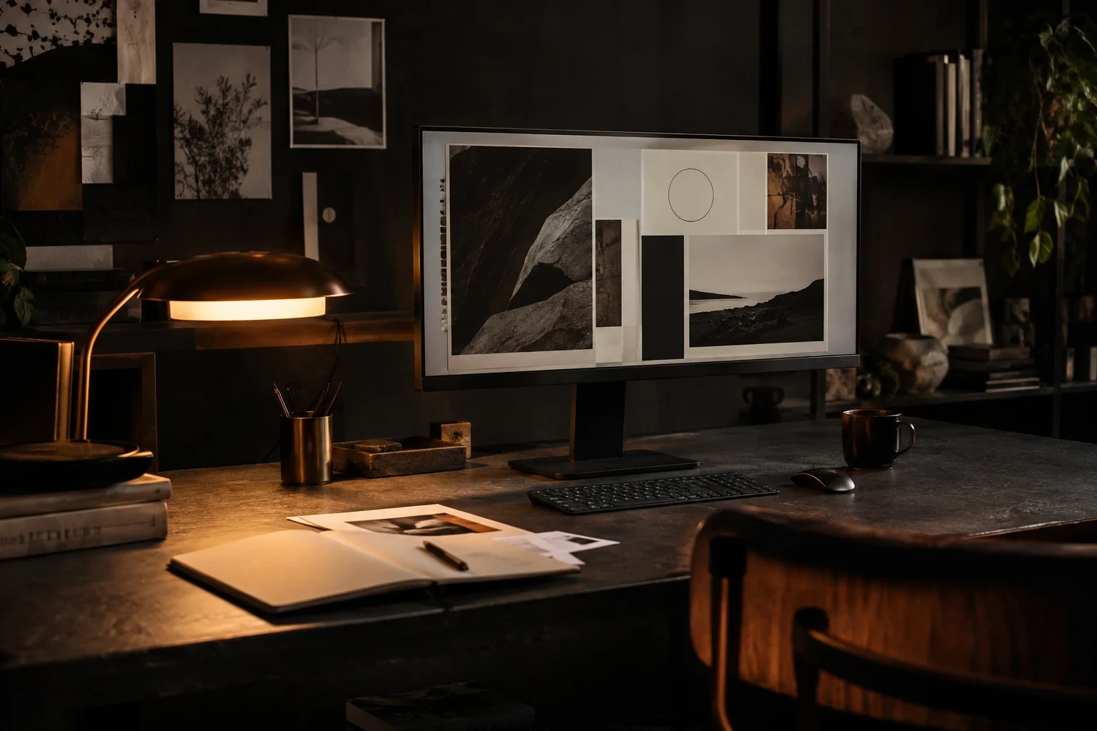 Unbranded wide monitor showing original abstract design layouts in a dim studio, warm lamp, charcoal surfaces