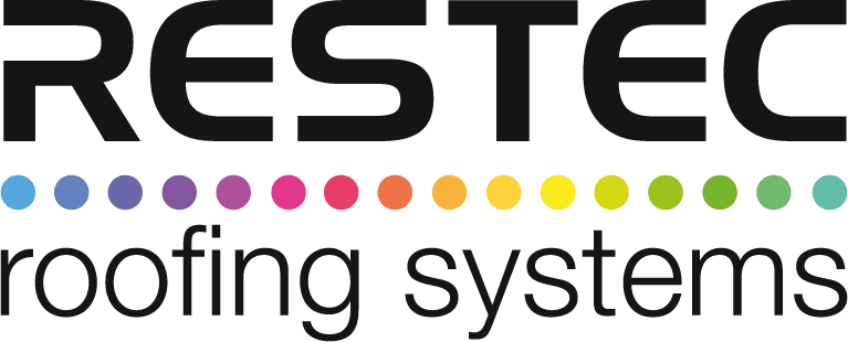 RESTEC Roofing Systems logo featuring black text above a row of colorful circles.
