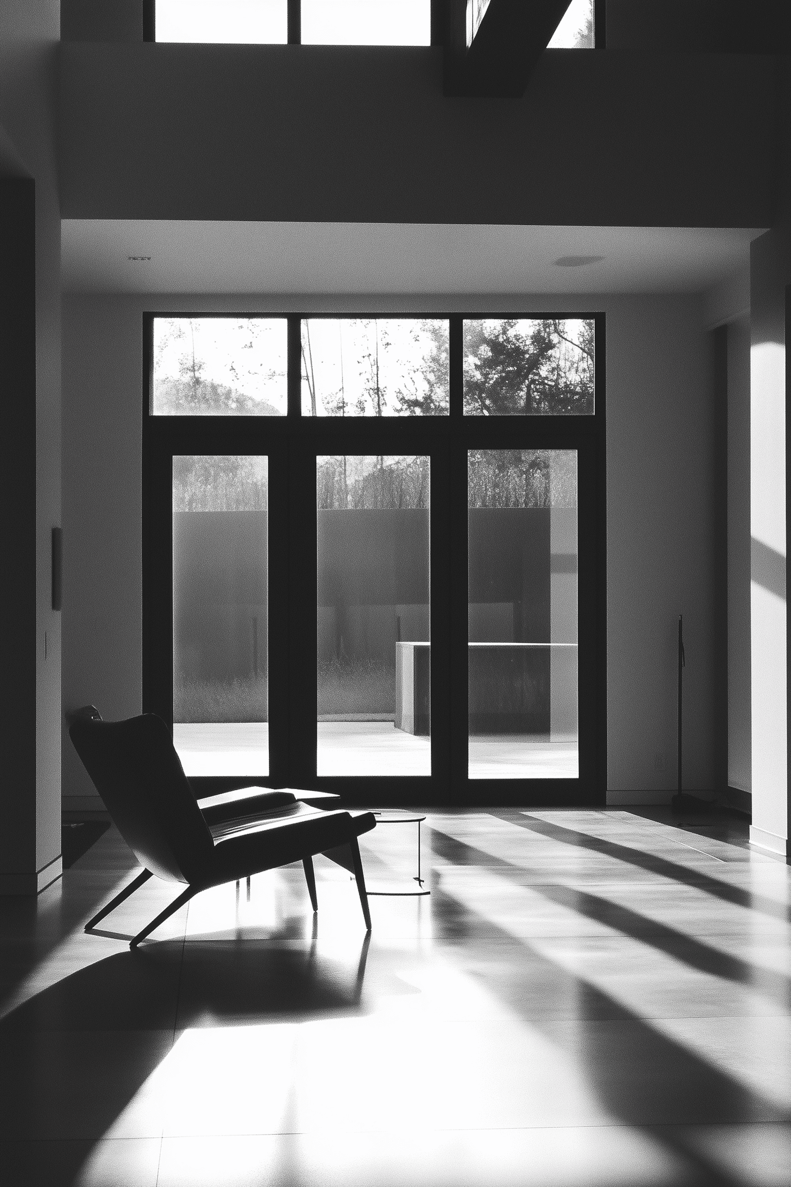 Simple framed black artwork on white wall with dramatic natural window light creating geometric shadows