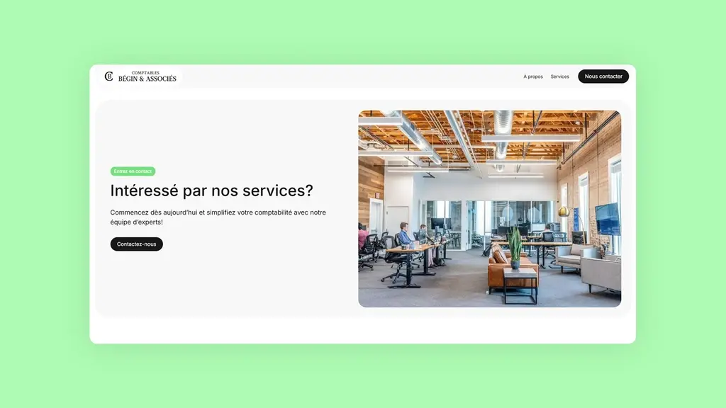 Section d'appel à l'action du site Comptables Bégin & Associés — "Intéressé par nos services ?" avec bouton de contact