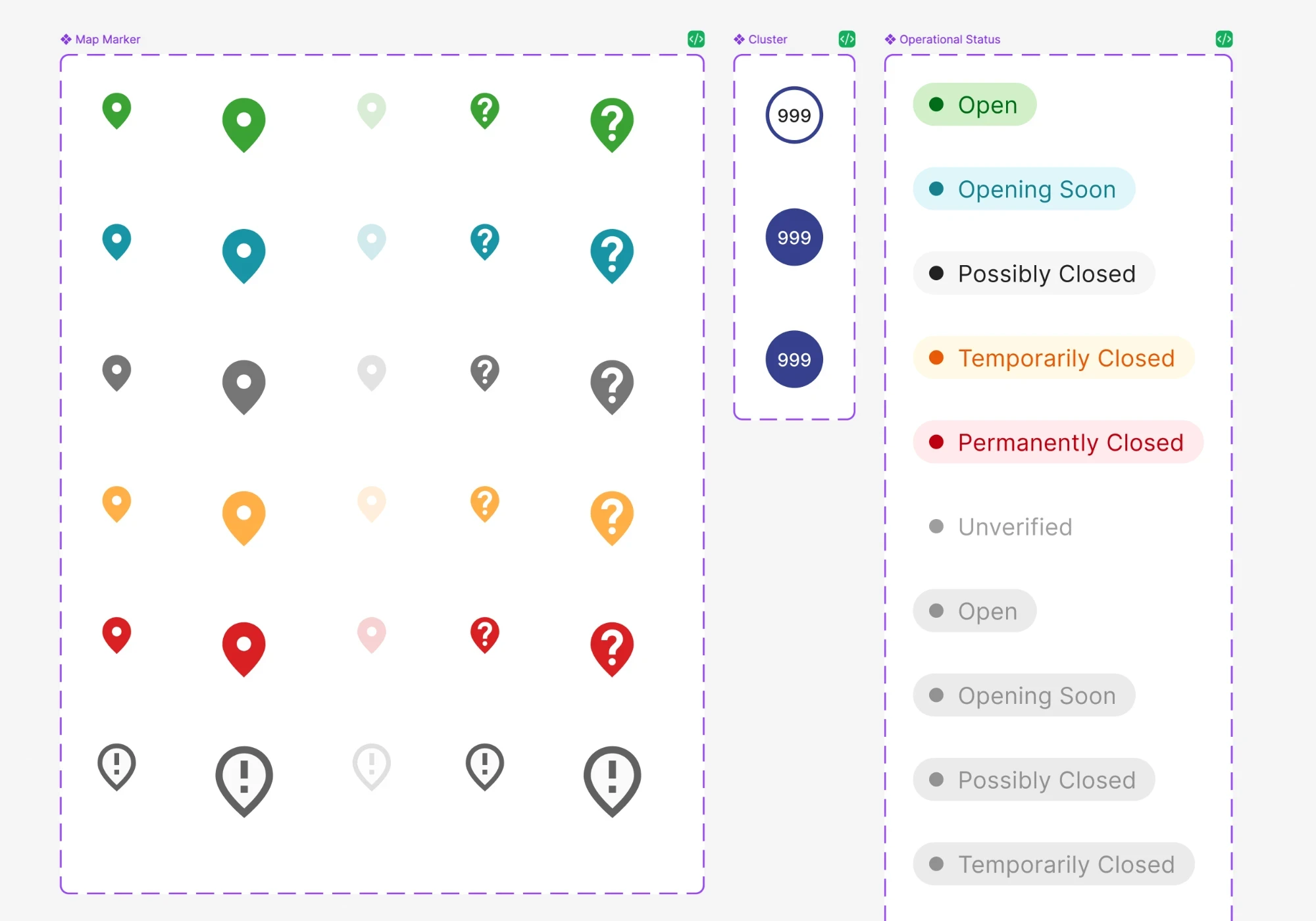 Design system reference showing map marker icons, cluster indicators, and color-coded operational status labels such as Open, Opening Soon, and Temporarily Closed