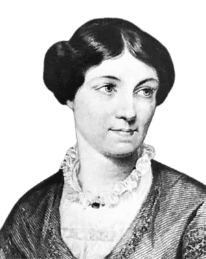 A black-and-white portrait of a woman with neatly styled dark hair, wearing a modest 19th-century dress with a lace collar and brooch. Her composed expression and gentle gaze convey elegance and intellect, suggesting she may be a notable figure from the Victorian era with literary or social influence.