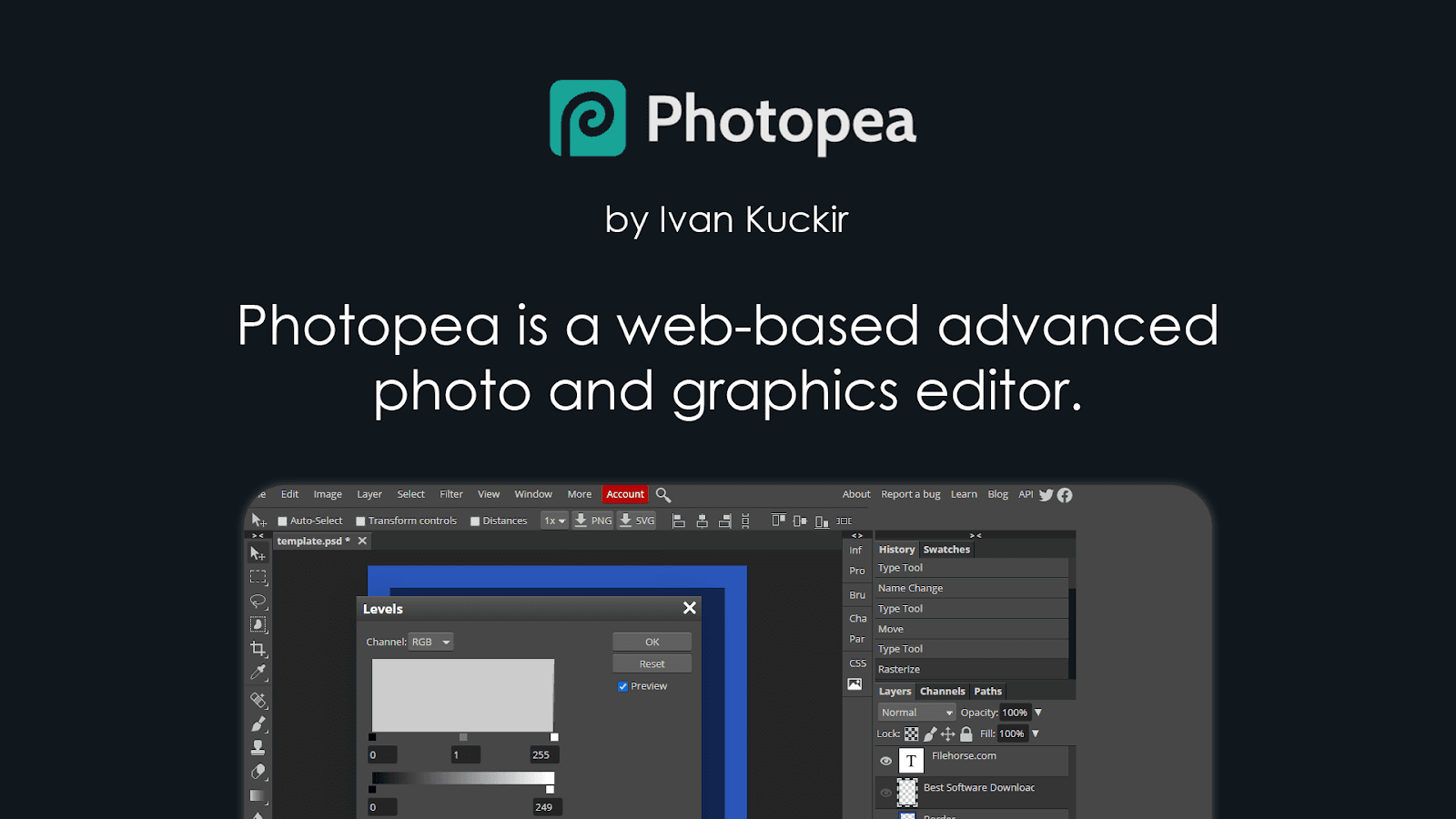 The image shows a backdrop of the Photopea interface, signifying his pivotal role in the platform's creation—the innovative approach to photo editing and graphic design. The mention of AI-powered technology underscores the cutting-edge nature of the platform. Explore the remarkable success story of Ivan Kuckir and Photopea.