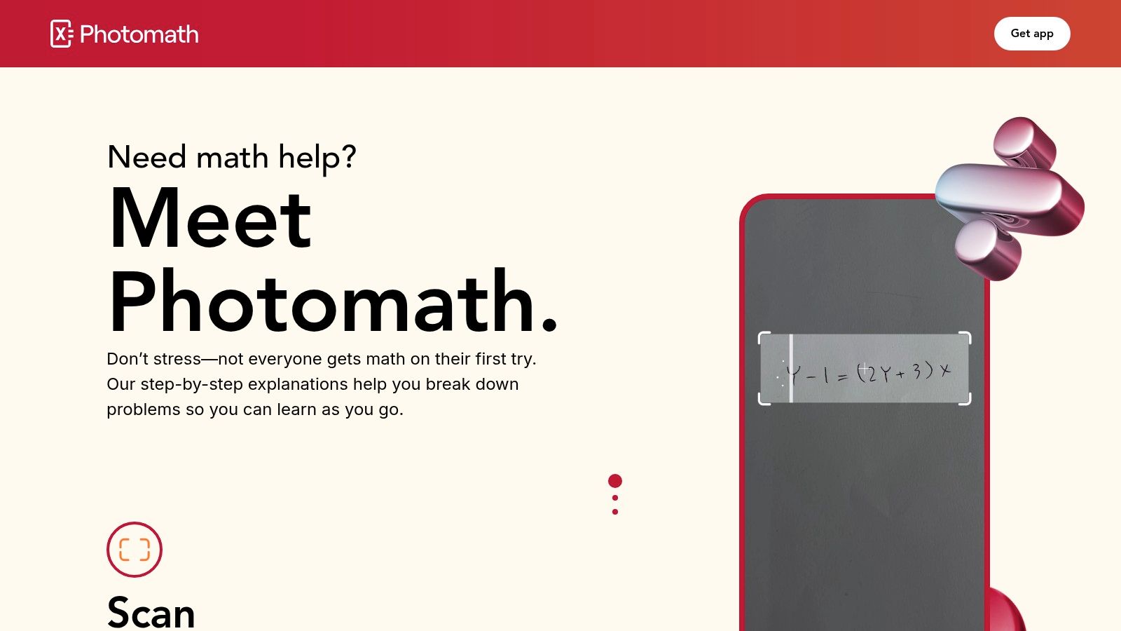A phone screen showing Photomath scanning a math equation and providing the solution.