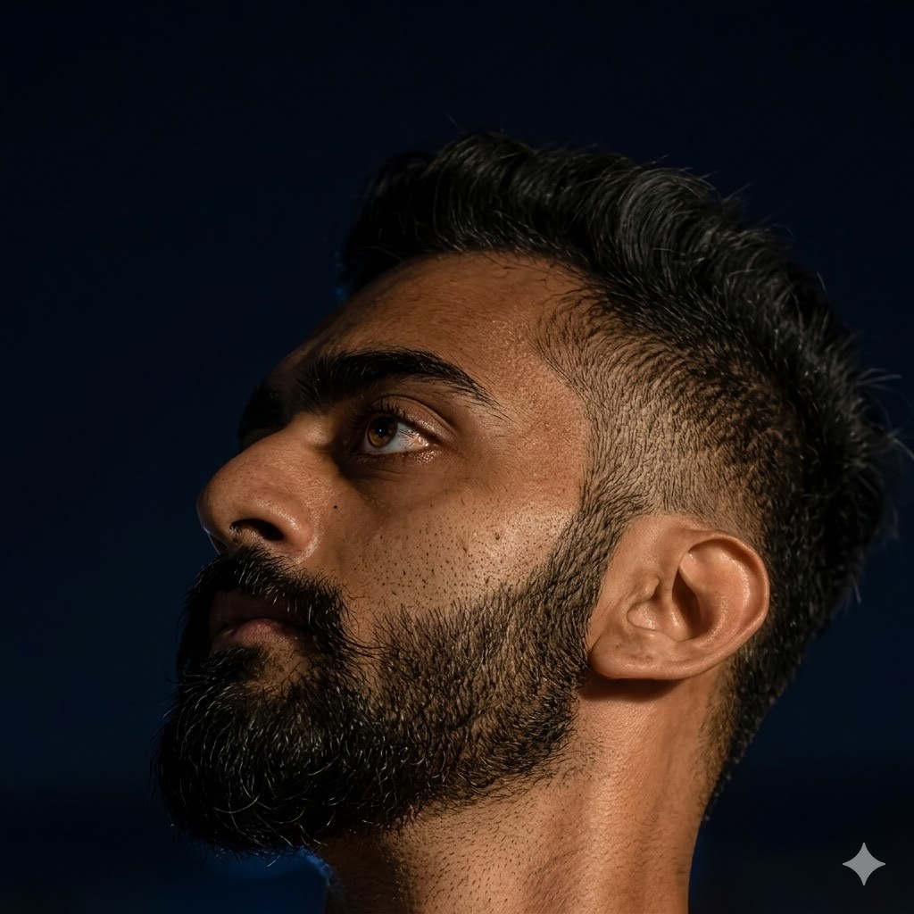 A thoughtful young person with dark hair gazes to the side, captured in soft black and white lighting.