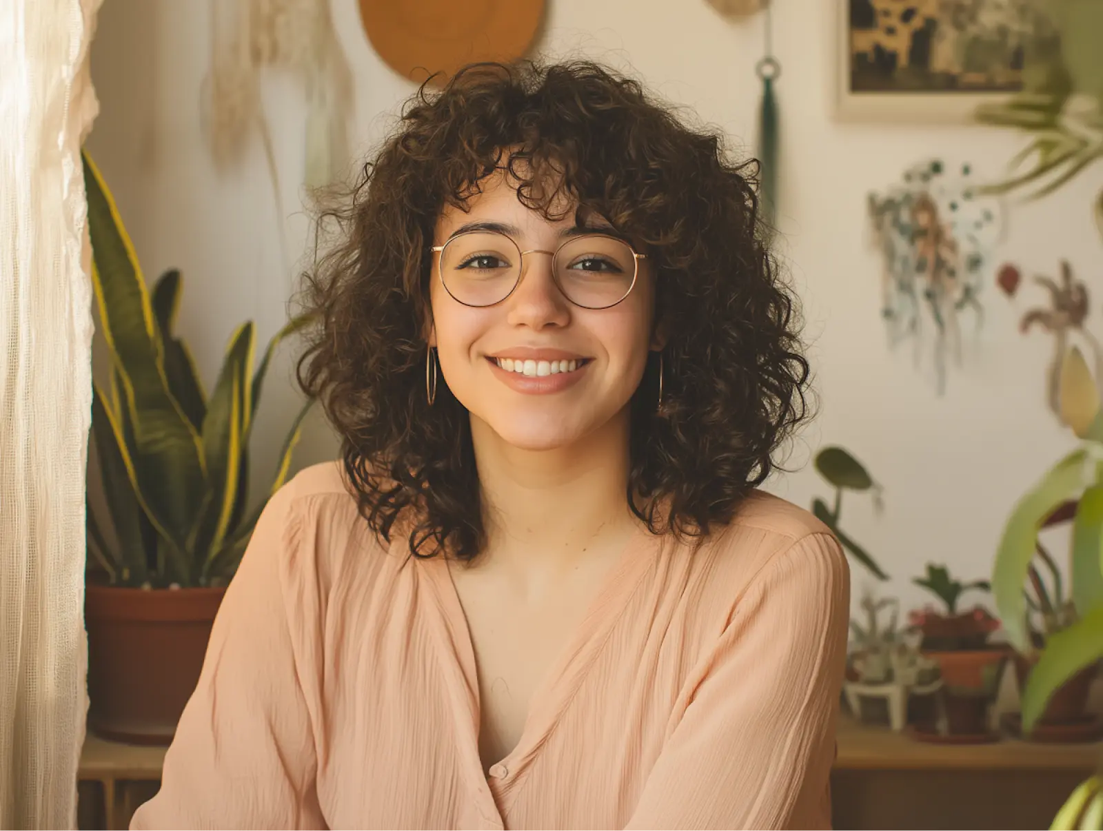 A young woman with curly hair and glasses smiles warmly while sitting in a sunlit room filled with various potted plants, creating a cozy and inviting atmosphere.