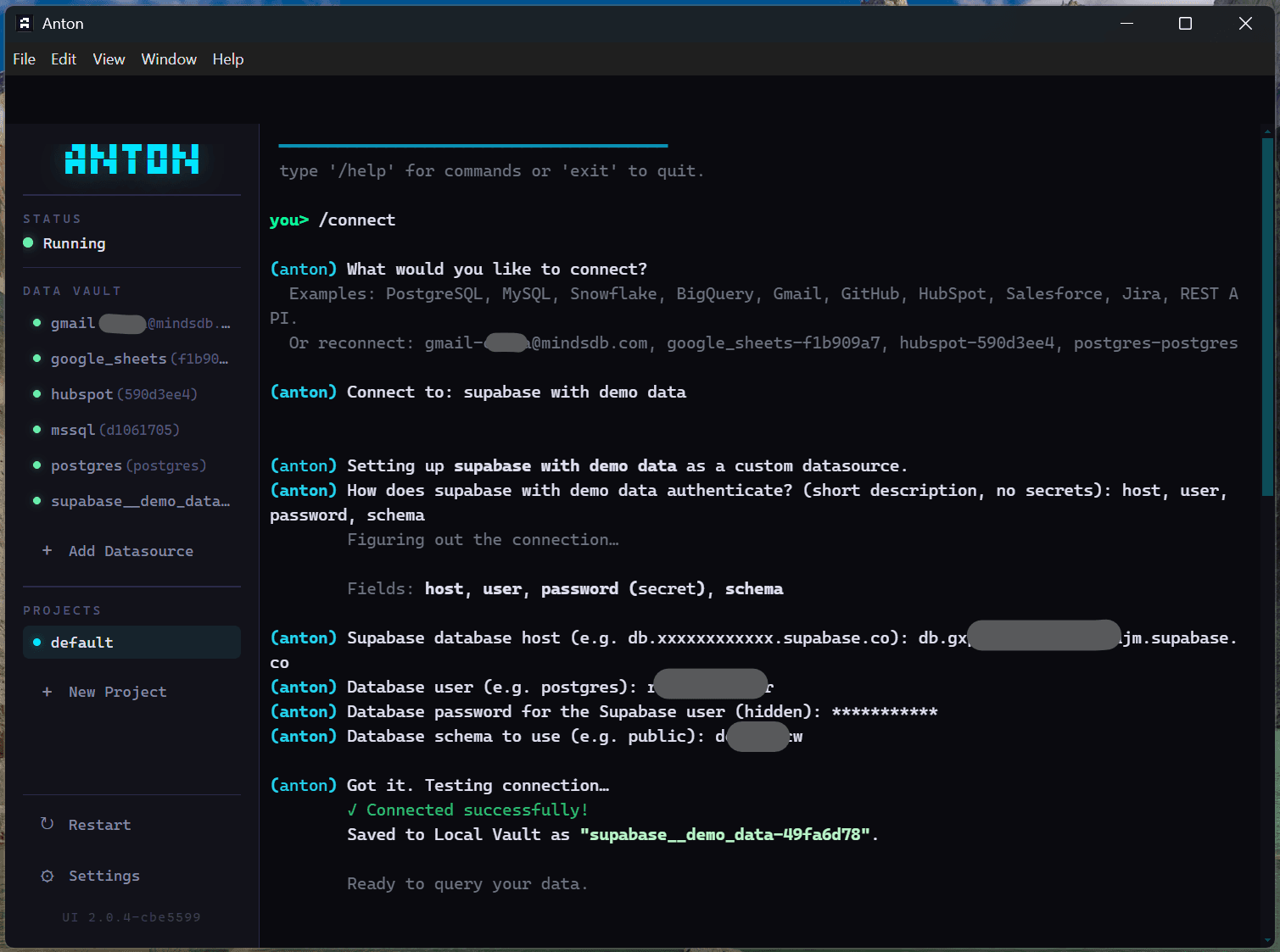 Screenshot 1: Follow the connection flow — host, user, password, schema, and Anton confirms it's ready to query.