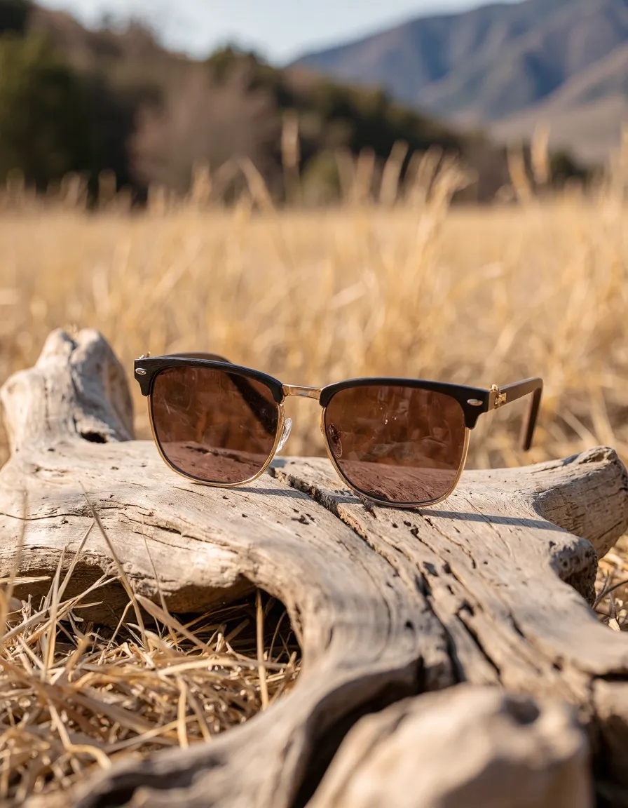 Stylish brown-tinted sunglasses resting on weathered driftwood with golden dry grass and mountains in the blurred background