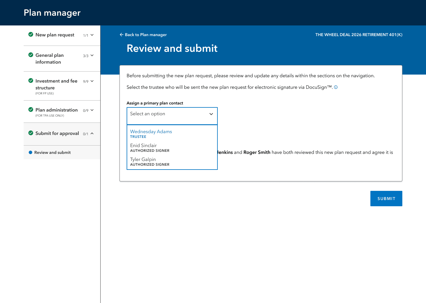 Review and submit section with primary plan options
