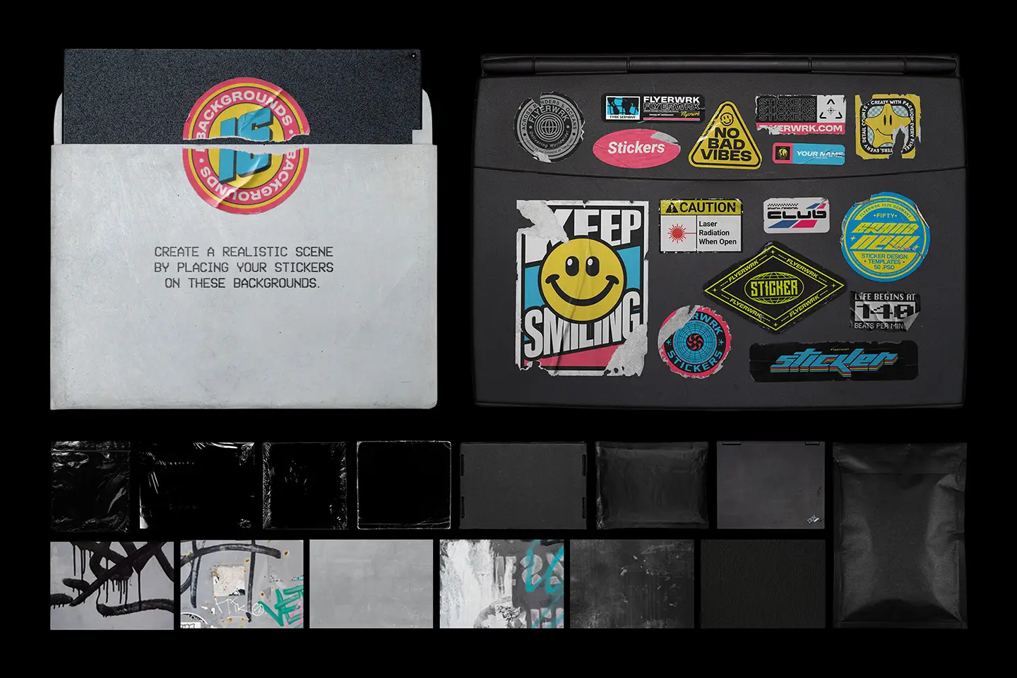 Overview of realistic background textures and sticker placements for creating authentic design scenes