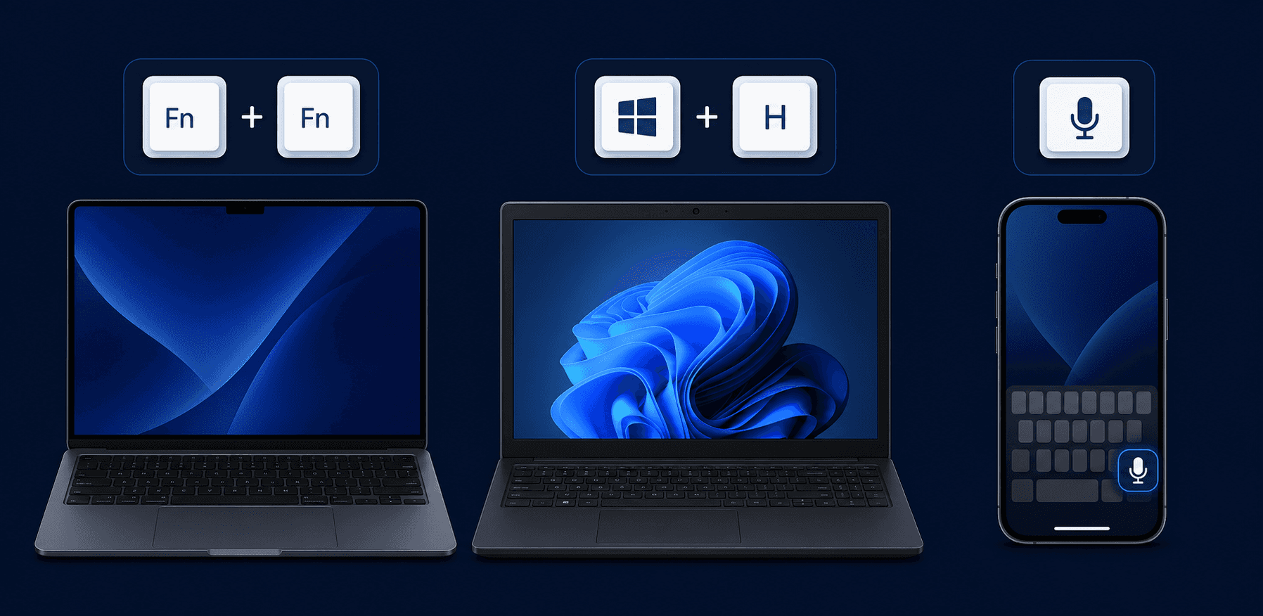 A clean, minimal flat illustration showing three devices side by side: a MacBook laptop, a Windows desktop/laptop, and an iPhone. Each device has a subtle keyboard shortcut callout badge above it. The Mac shows