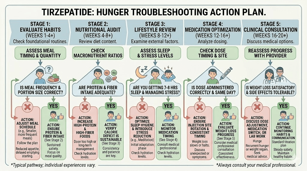 Tirzepatide hunger troubleshooting action plan flowchart