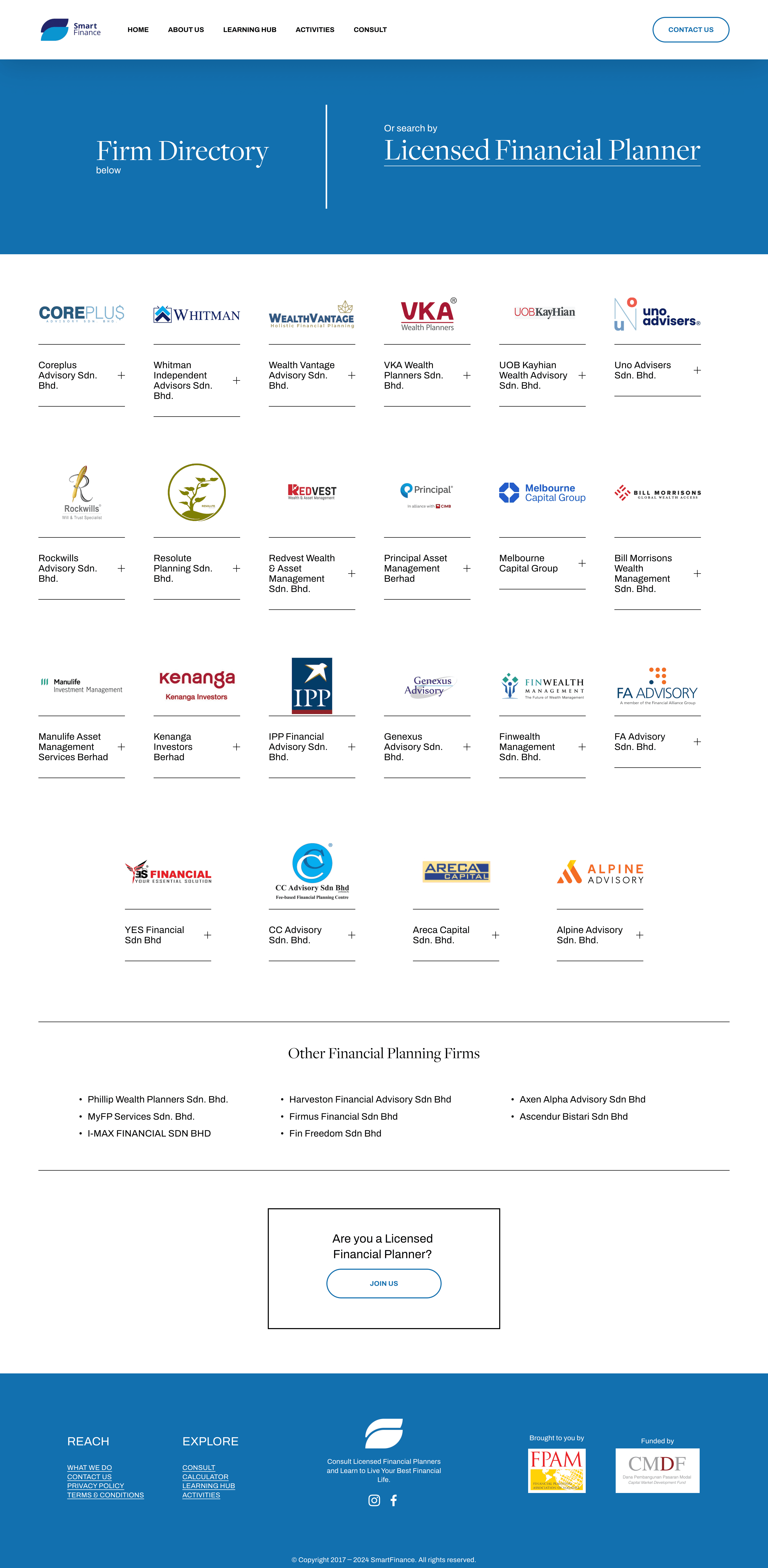 List of Financial Institute with filters and sort function.
