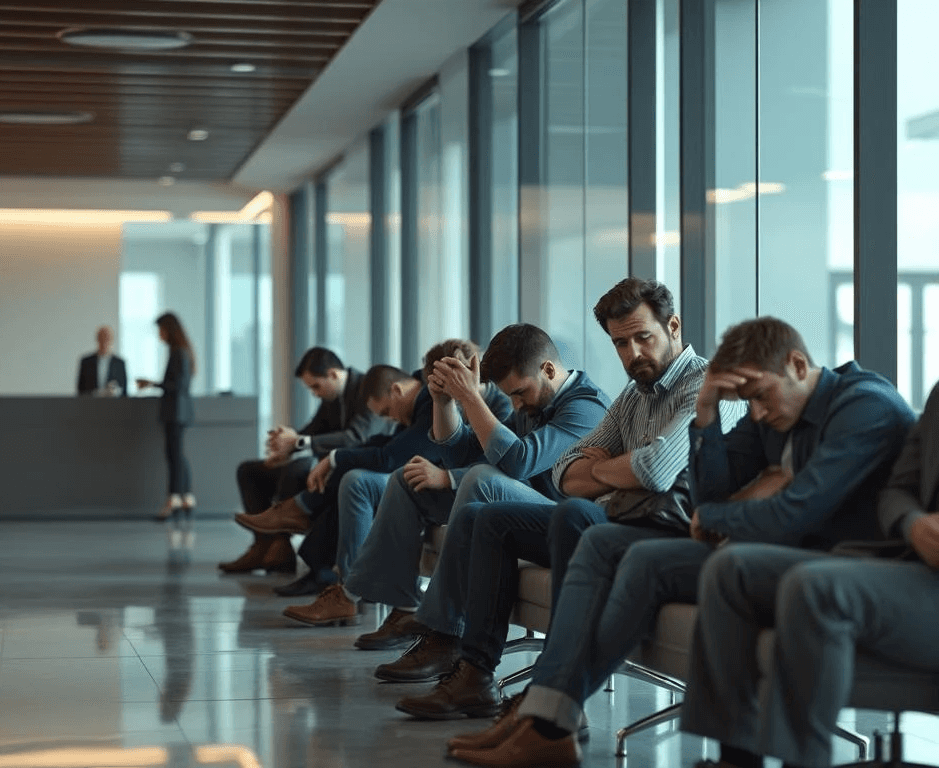 Bezoekers wachten aan receptie