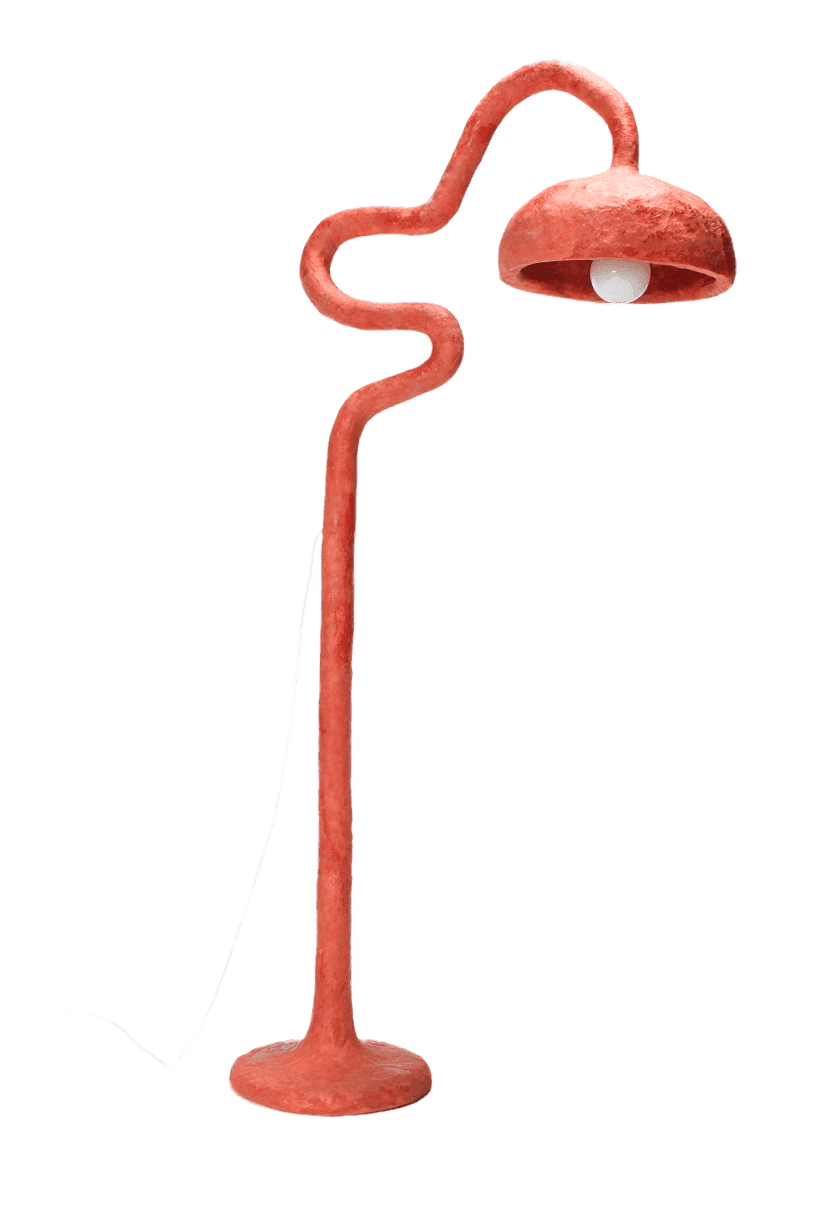 A modern, red curved floor lamp with a unique, serpentine design stands on a circular base, featuring a dome-shaped lampshade that encloses a single light bulb.