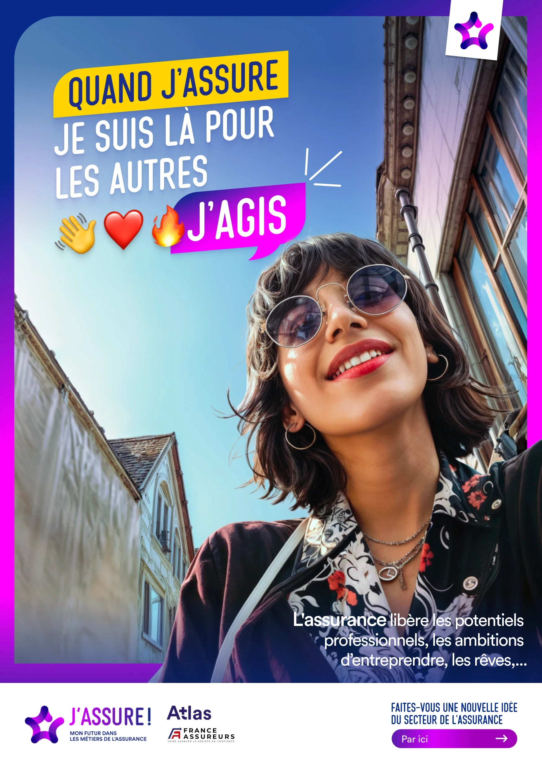 Affiche promotionnelle pour l'alternance dans l'assurance montrant une jeune femme qui discute avec une collègue. Le texte indique : Quand j'assure je peux faire bouger les choses, J'agis. L'alternance est un tremplin vers un emploi avec plus de 45 métiers disponibles. Logo J'assure ! mon futur dans les métiers de l'assurance.