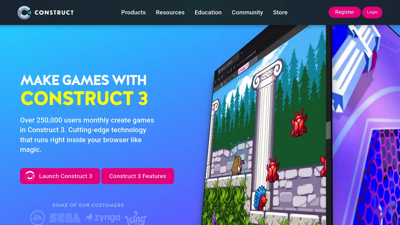 Screenshot of the Construct website highlighting HTML5 game development engine features